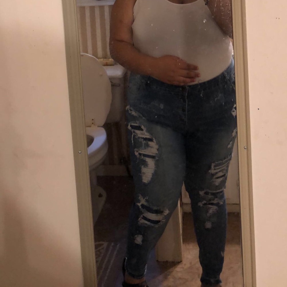 Plus Distressed Patch High Waisted Jeggings